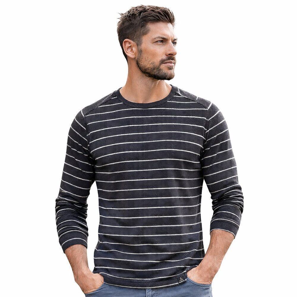 prAna Striped Waffle Knit Long Sleeve Crewneck Shirt Black Gray XL